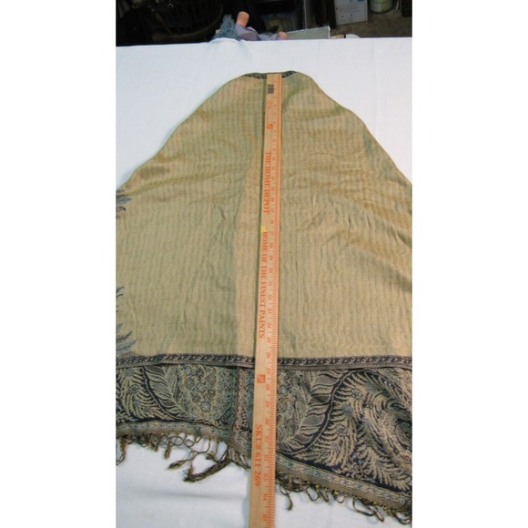 Vtg Boho Indigo Blue Paisley Shawl Wrap Gold Metallic Lame Textile - Picture 11 of 12